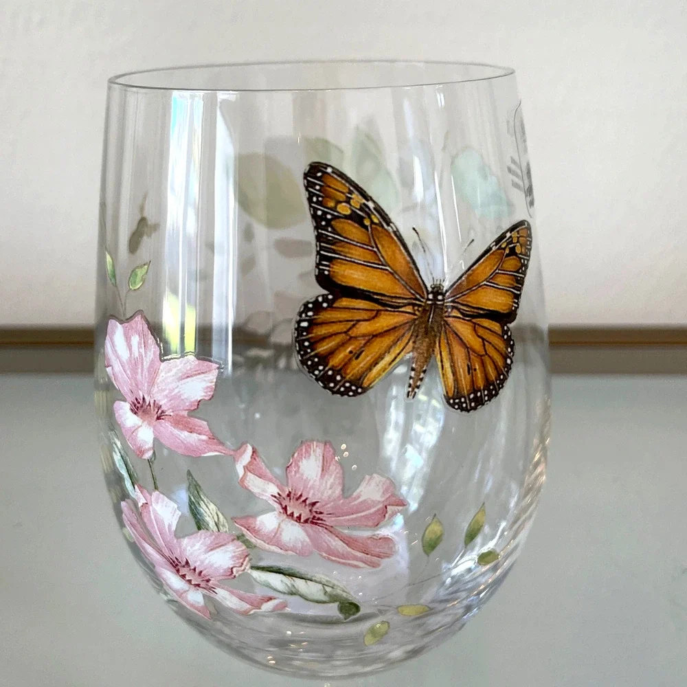 Lenox Butterfly Meadow Stemless Wine Glass Set of 2 Spring Floral Barware NEW